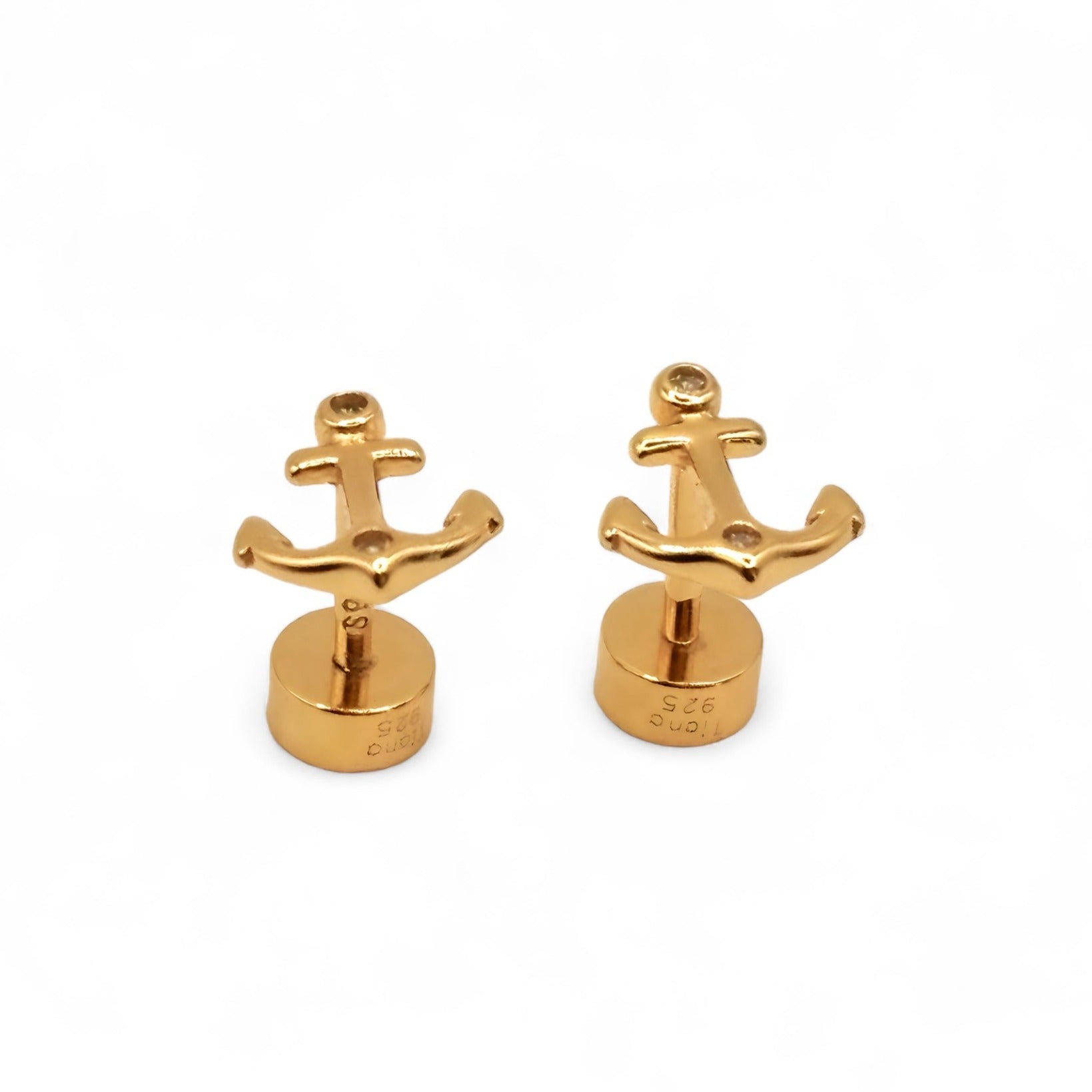 Aritos de ancla para niñas de plata 925 con baño de oro 18k cierre de tornillo roscado