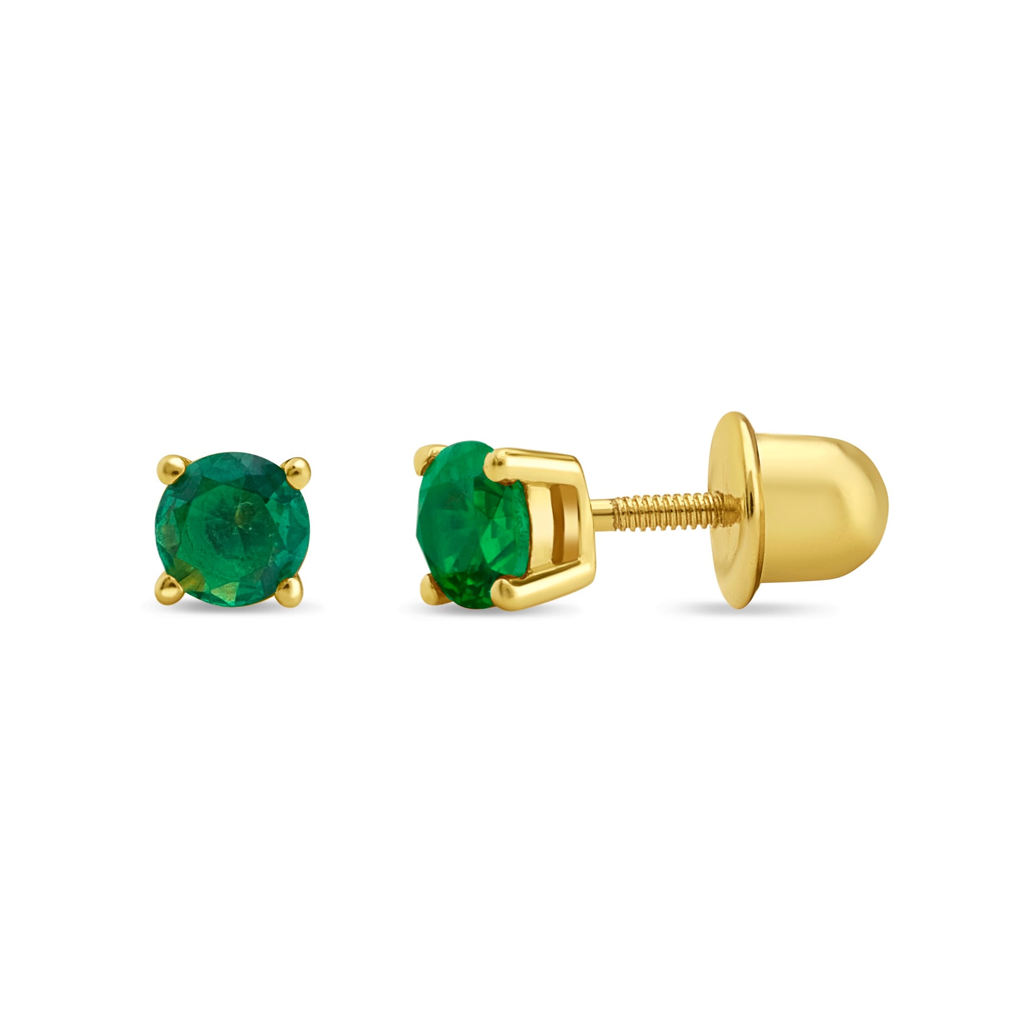 Aros Circón Solitario 4mm verde esmeralda Mes de Nacimiento de Plata 925 con Baño Oro 18k cierre tornillo seguro para dormir y para pieles sensibles hipoalergenico y sin niquel
