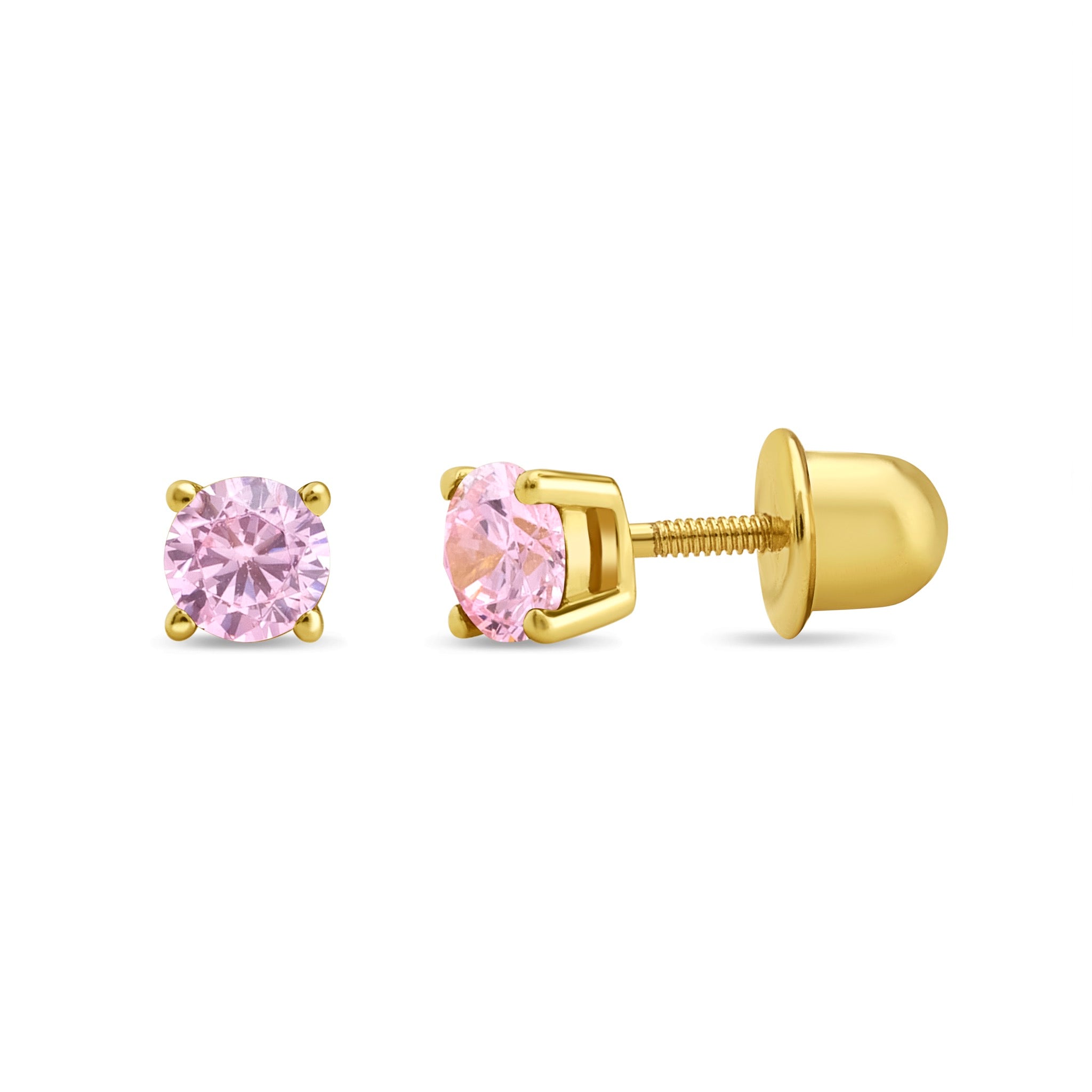 Aros Circón Solitario 4mm rosa Mes de Nacimiento de Plata 925 con Baño Oro 18k cierre tornillo seguro para dormir y para pieles sensibles hipoalergenico y sin niquel