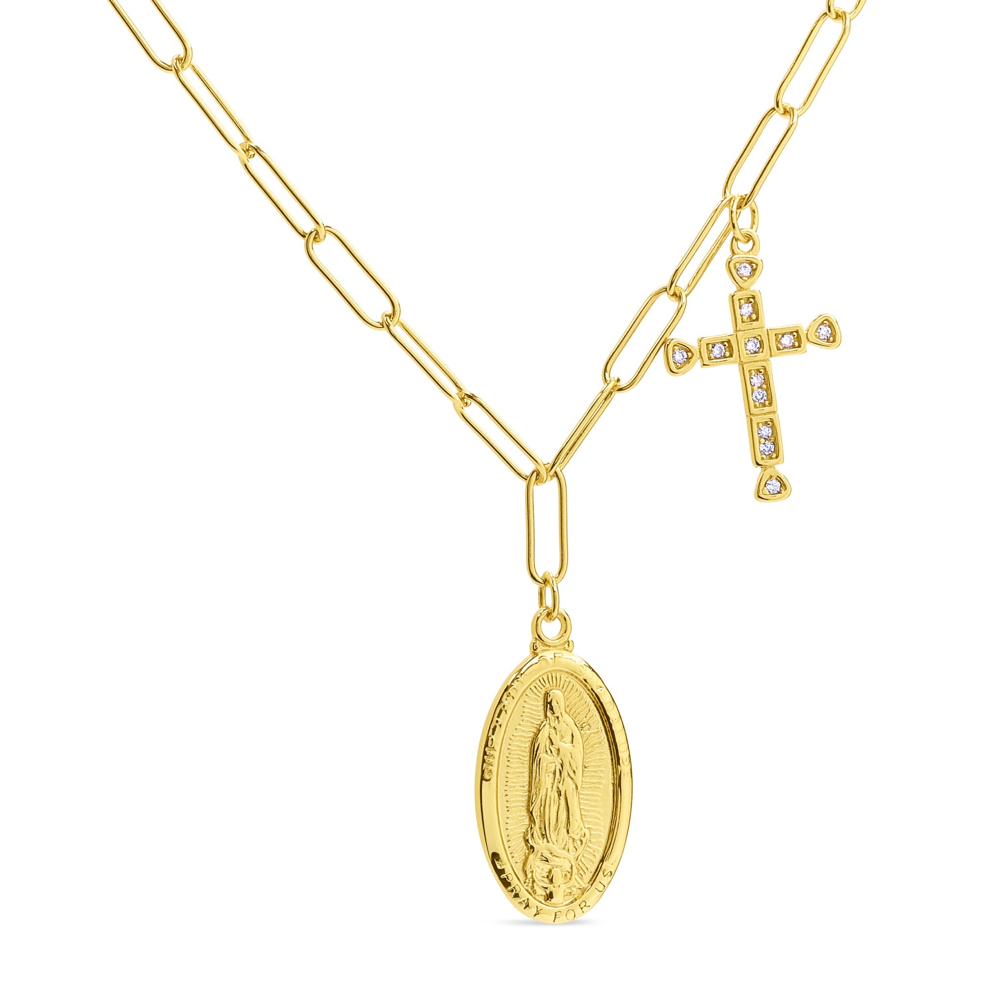 Collar Religioso de Cruz junto con la medalla de la Virgen de los Rayos de Plata 925 enchapada en Oro de 18k