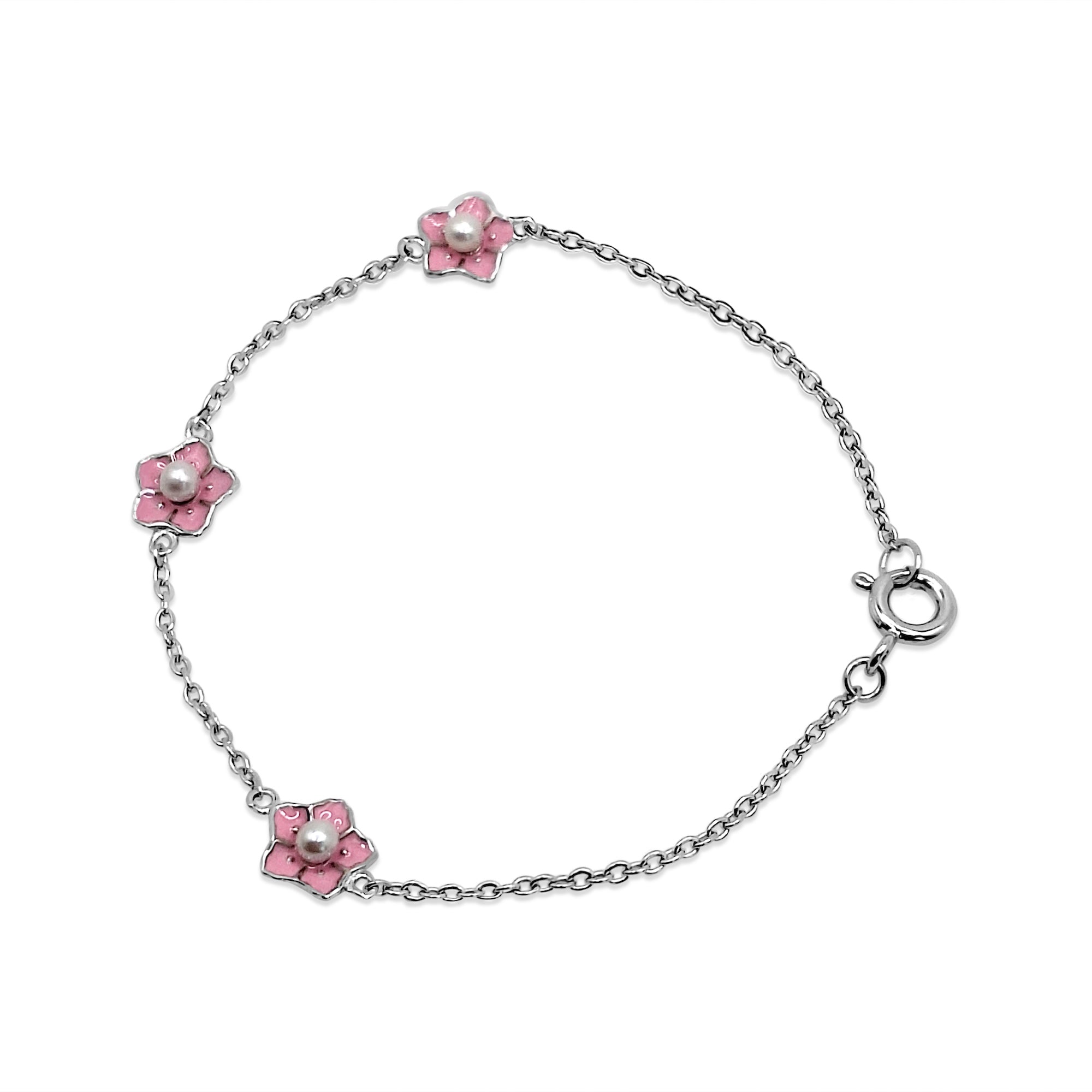 Pulsera con Flores Esmaltadas y Perla de Plata 925