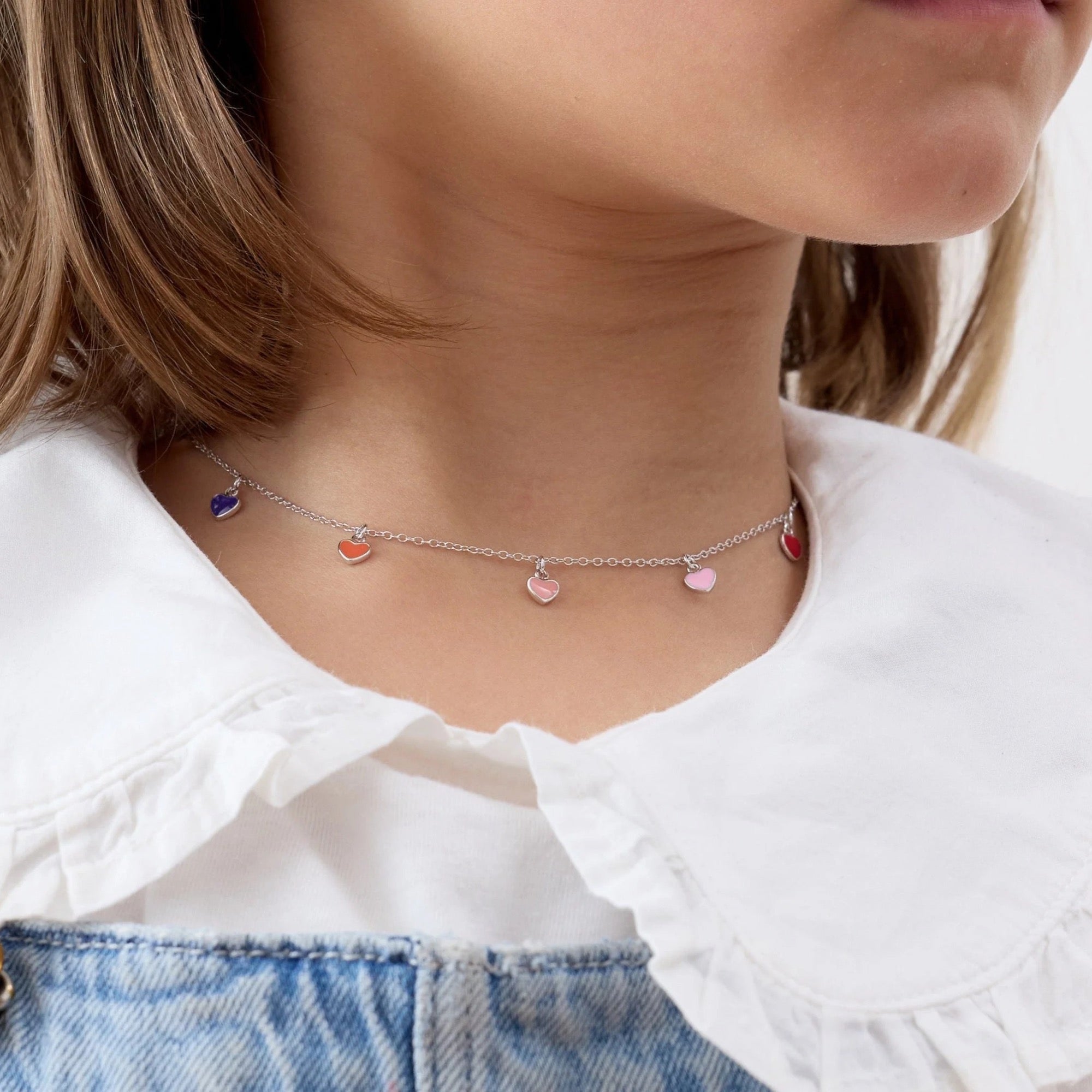 Collar con 7 Corazones Diferente Colores de Plata 925