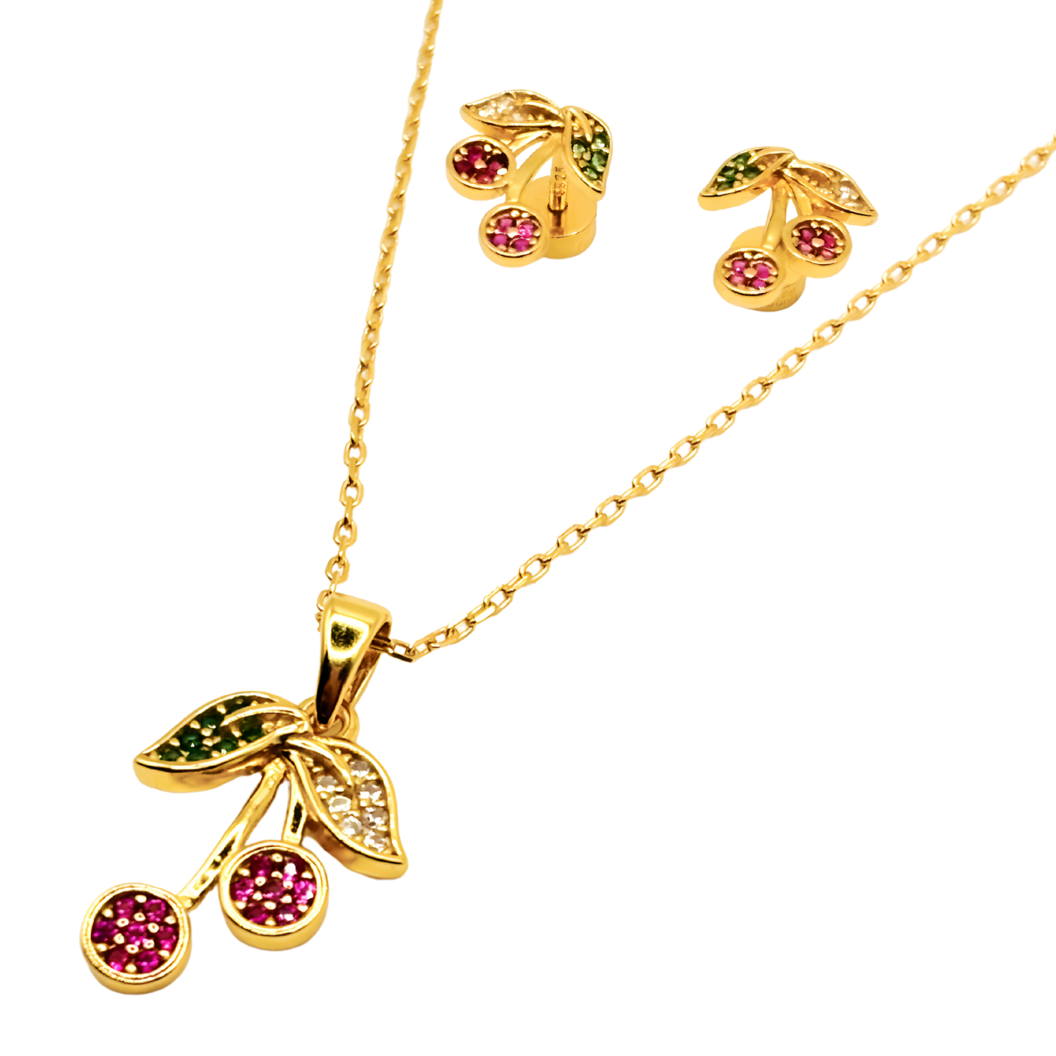 pack collar y aritos cerezas en plata 925 con baño oro 18k