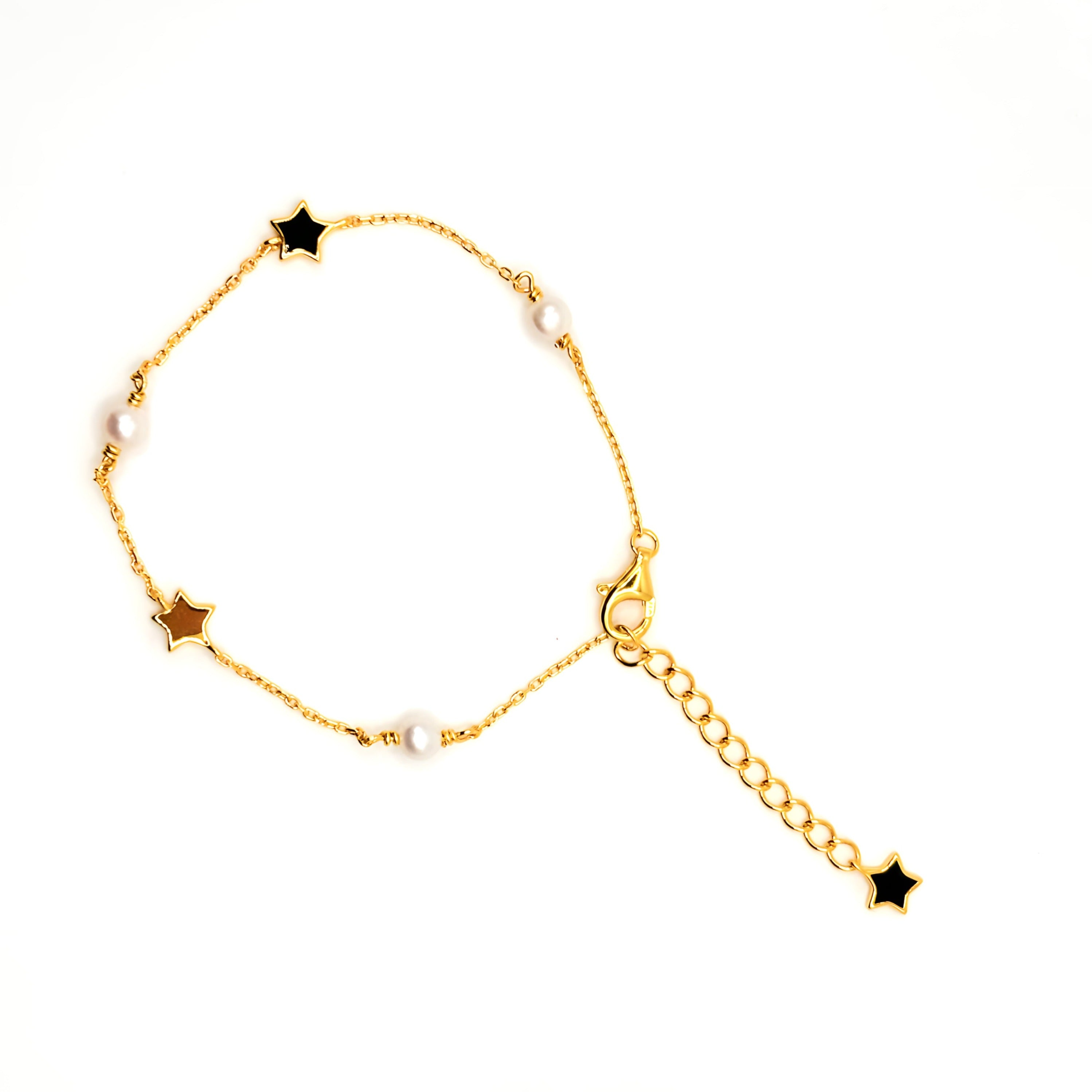 Pulsera con Estrellas y Perlas de Plata 925 enchapada en Oro de 18k