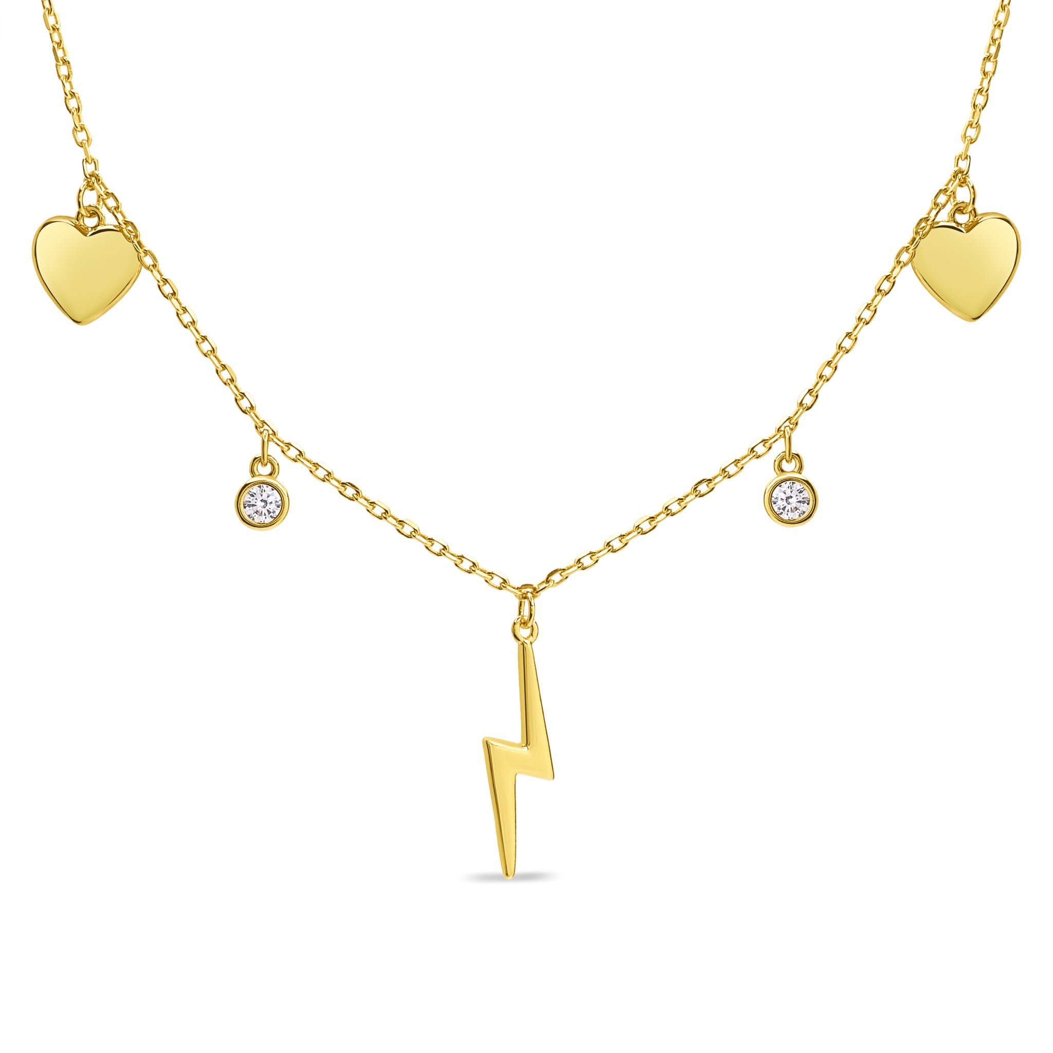 Collar con Circones, Rayos y Corazones de Plata 925 enchapado en Oro 18k