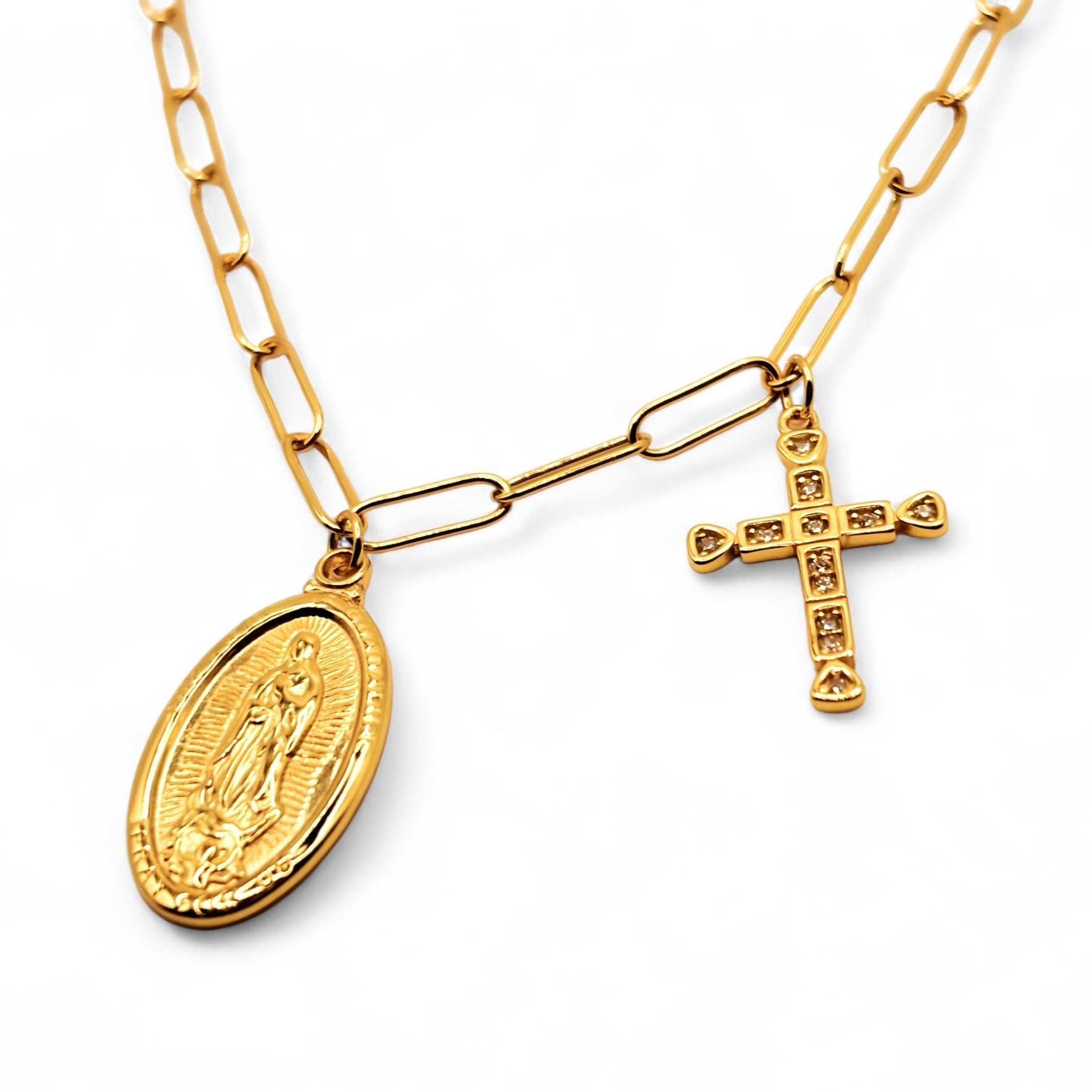 Collar Religioso de Cruz junto con la medalla de la Virgen de los Rayos de Plata 925 enchapada en Oro de 18k