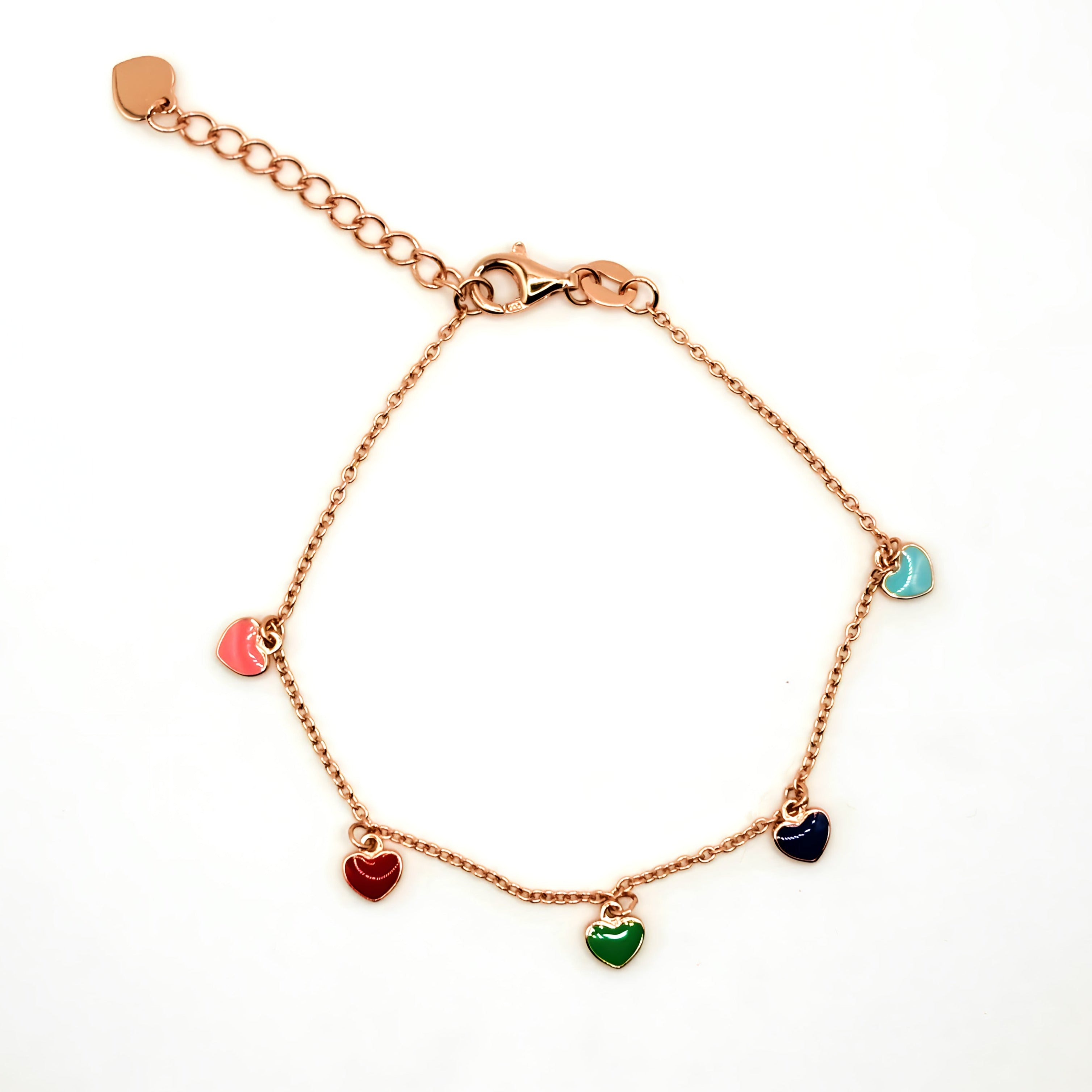 Pulsera con Corazones de Colores de Plata 925 enchapada en Oro Rosado de 18k